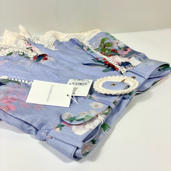 *SOLD* Zimmermann Everley Floral Belted Lace Trim Linen Shorts Light Blue NWT - Picture 12 of 17
